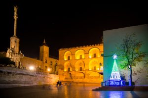 Christmas tree along the walls of the Mezquita, Cordoba, Spain