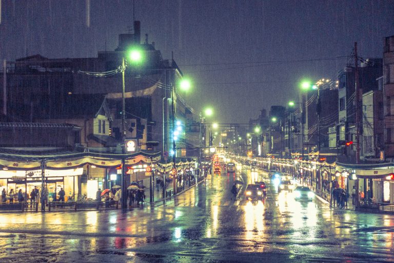 Gion, through torrential downpour, on a cold wet December night