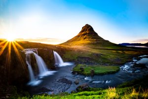 Kirkjufellsfoss, one of the most picturesque waterfalls in Iceland, at 11pm at night