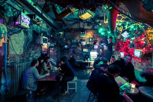 Old computer monitors on the walls of the ruin pub, Szimpla Kert, Budapest