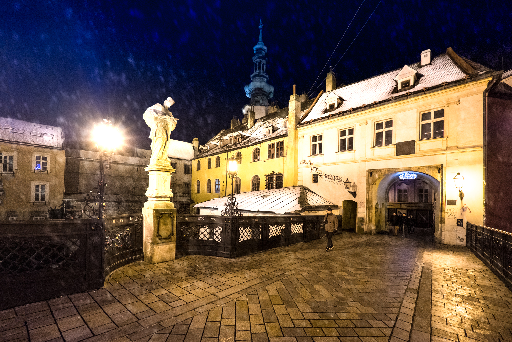 Snow-fall in an Old Town alleyway in Bratislava