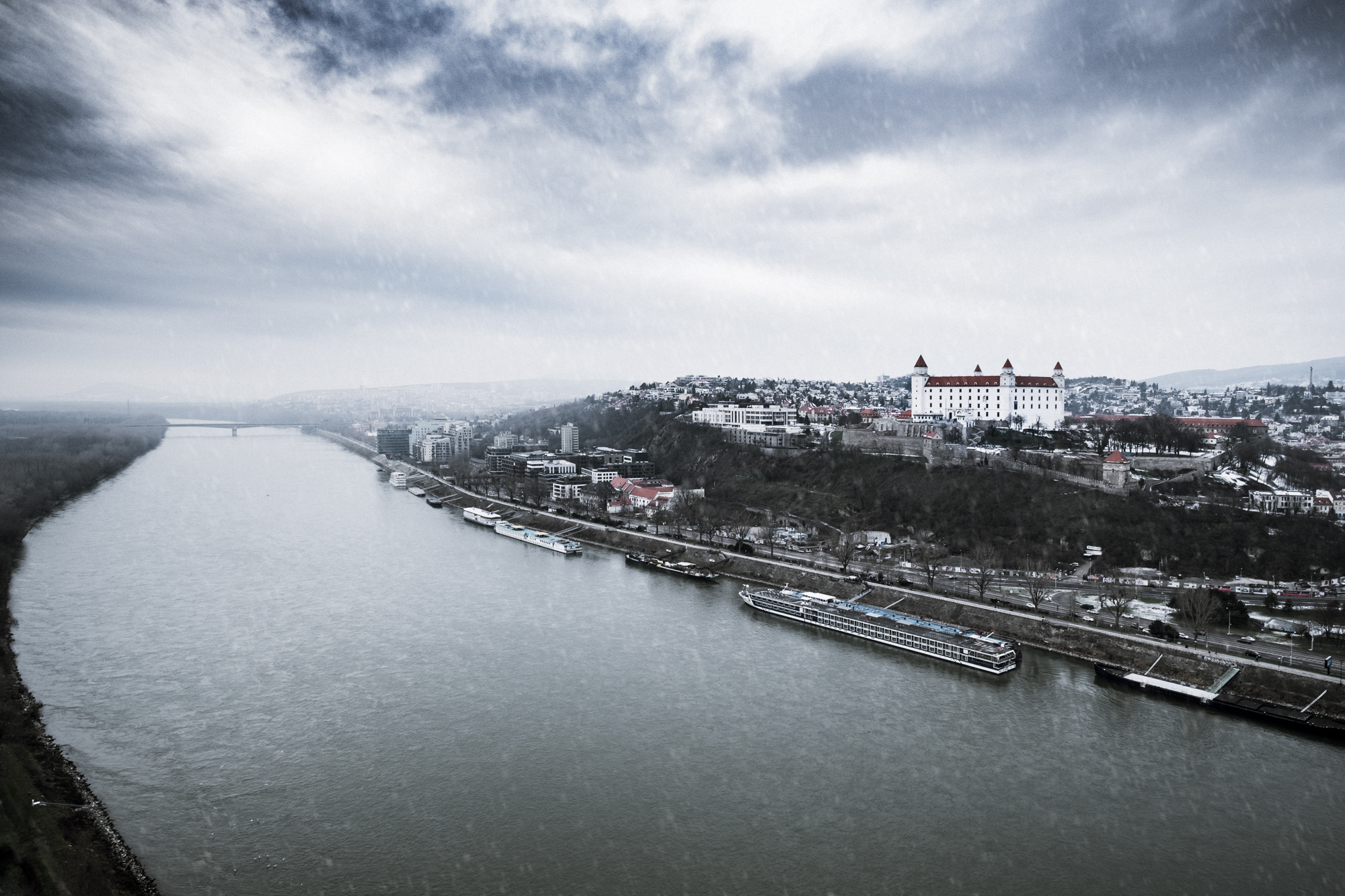 Snowfall across the Danube and over Bratislava, as seen from the UFO restaurant