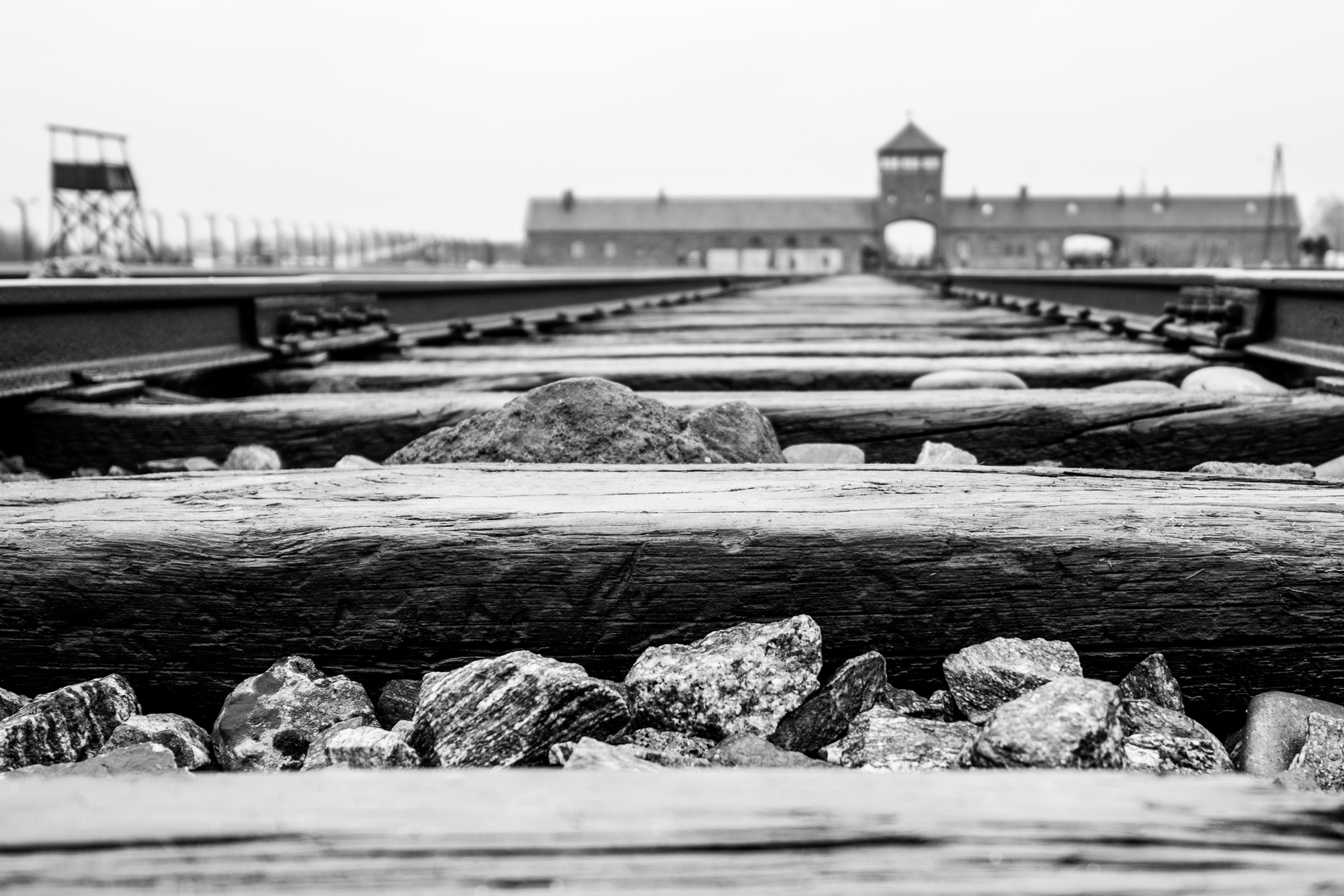 The infamous entrance to Auschwitz-Birkenau with the foreboding railway tracks