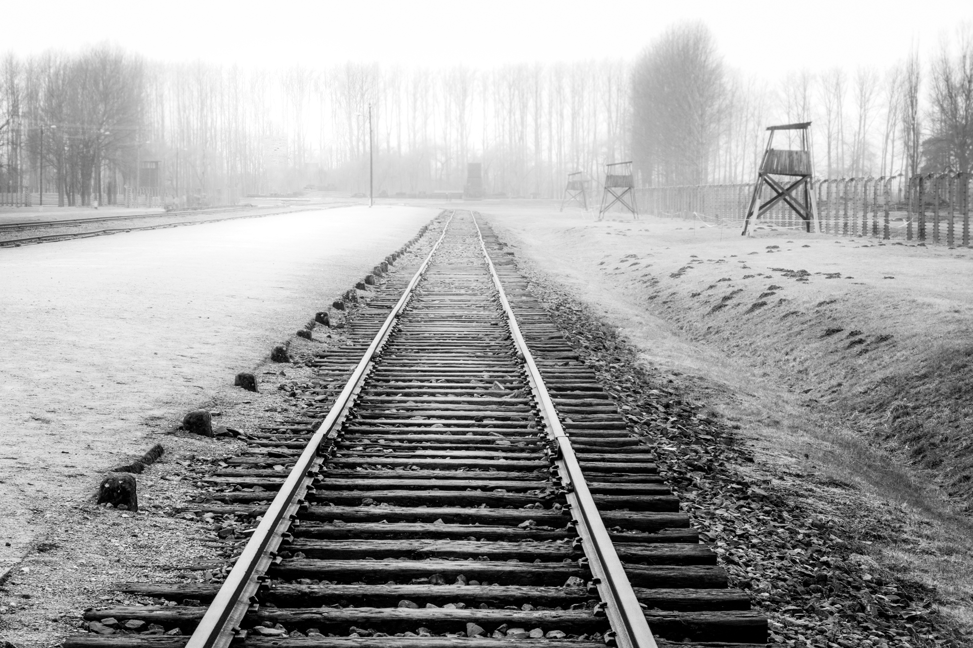 Watchtowers and railway tracks towards endless emptiness at Birkenau
