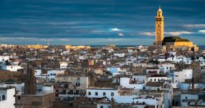 Hassan II Mosque, as seen across the white town of Casablanca, in Morocco.