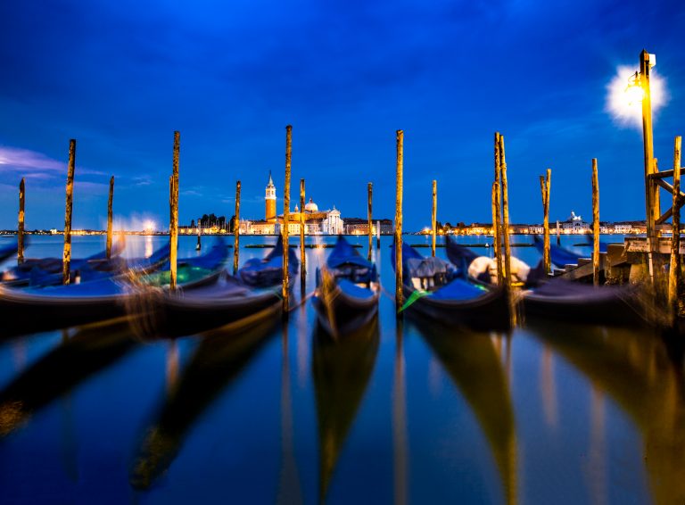 Gondolas, St. Mark's Square, at pre-dawn blue hour. Serenity.