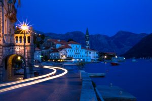 Town of Perast along the Bay of Kotor, at dusk