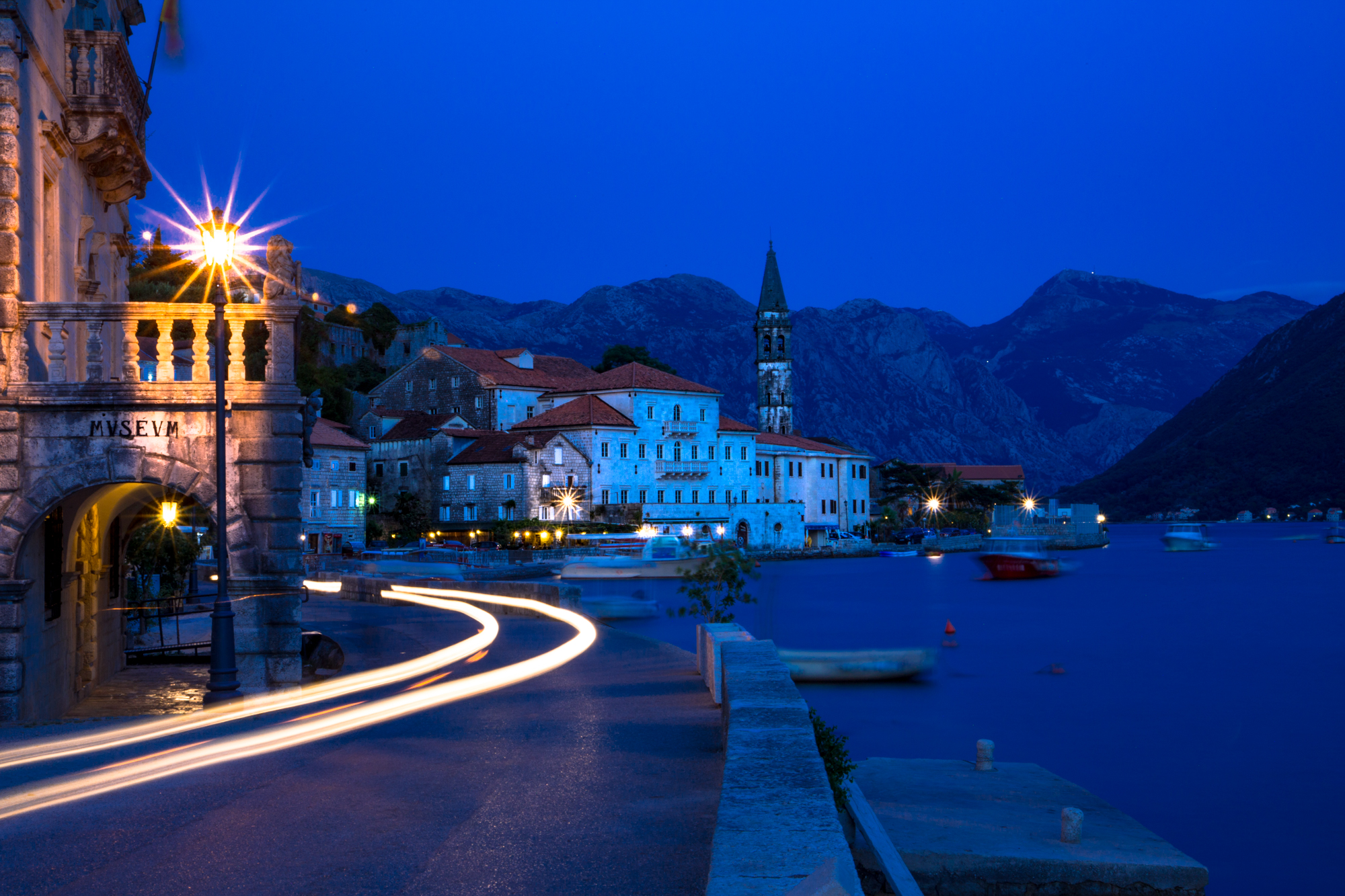 Town of Perast along the Bay of Kotor, at dusk