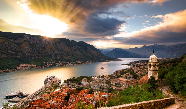 Other-wordly sunset across the Bay of Kotor in Montenegro, seen from Church of our Lady of Remedy