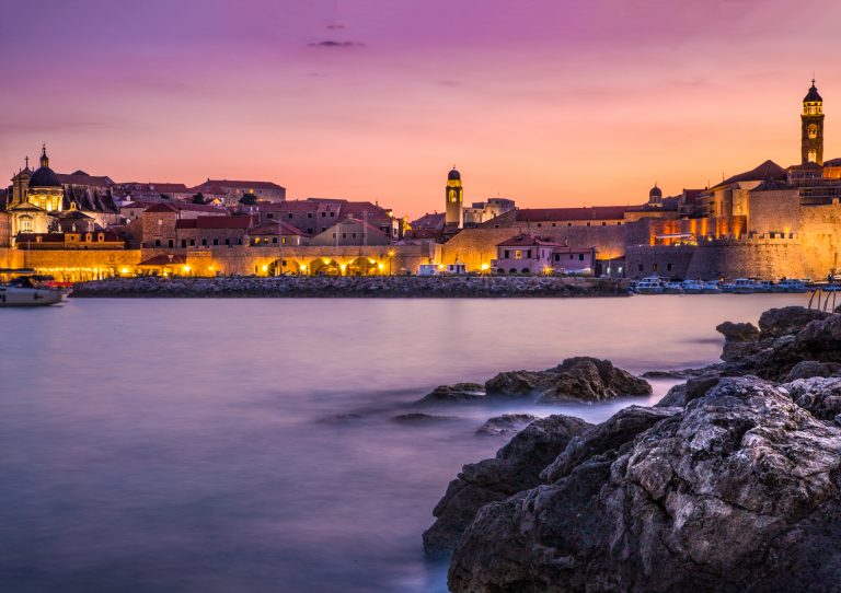 Sunset across the old town and city walls of Dubrovnik, Croatia