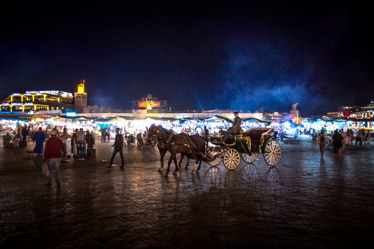 Horse-carriage and a smoky food-filled Jemaa el-Fna on a Ramadan night