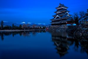 Matsumoto, or the Crow Castle, on a bitter cold December morning with the Japanese Alps in the backdrop.