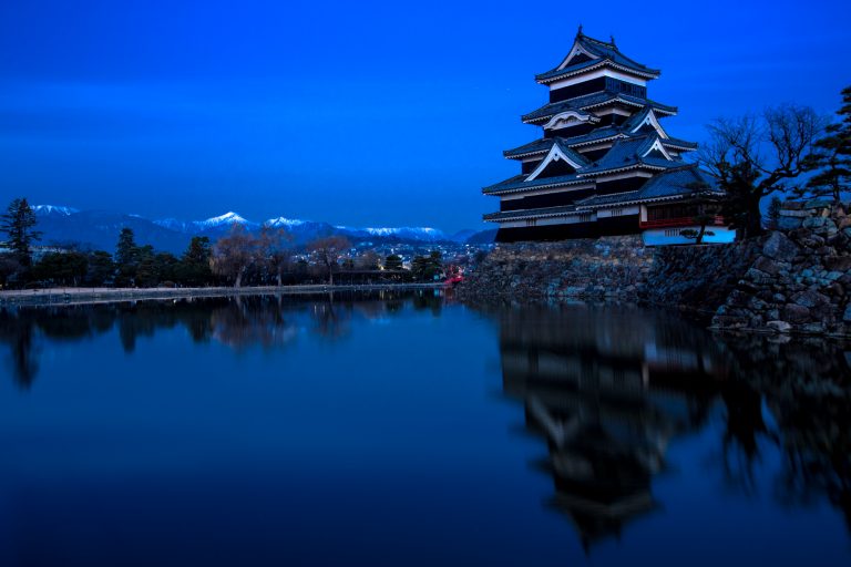 Matsumoto, or the Crow Castle, on a bitter cold December morning with the Japanese Alps in the backdrop.